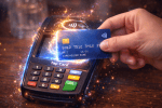 Hand holding blue credit card near payment terminal for contactless transaction