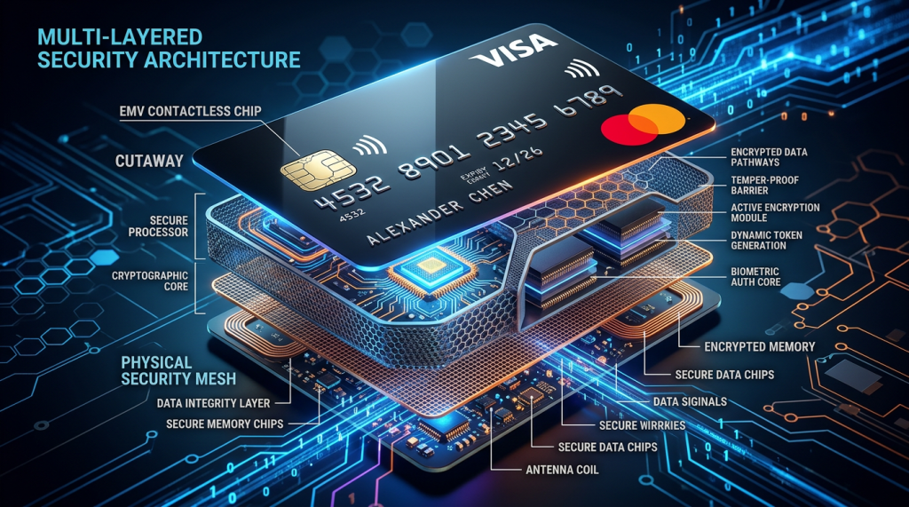 Exploded view of a credit card showing EMV chip, secure processor, cryptographic core, physical security mesh, encrypted data pathways, and biometric auth core