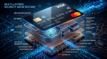 Exploded view of a credit card showing EMV chip, secure processor, cryptographic core, physical security mesh, encrypted data pathways, and biometric auth core