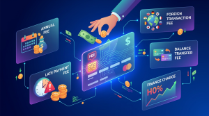 Graphic of credit card surrounded by annual fee, late payment fee, foreign transaction fee, balance transfer fee, and finance charge