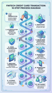 Flowchart of 10-step fintech credit card transaction process detailing each step from card presentation through encryption, verification, authorization, confirmation, receipt, clearing, and settlement.