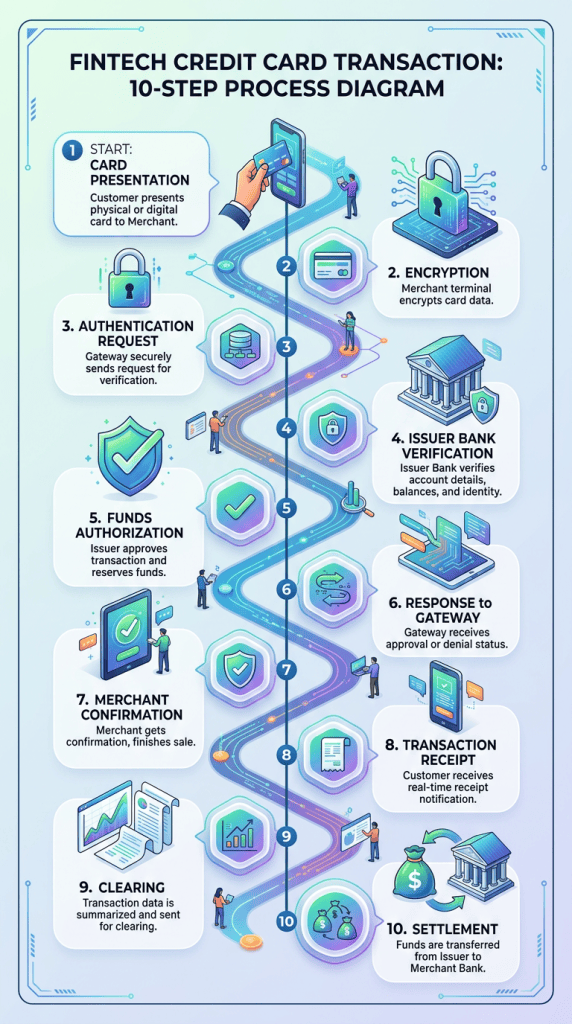 Flowchart of 10-step fintech credit card transaction process detailing each step from card presentation through encryption, verification, authorization, confirmation, receipt, clearing, and settlement.