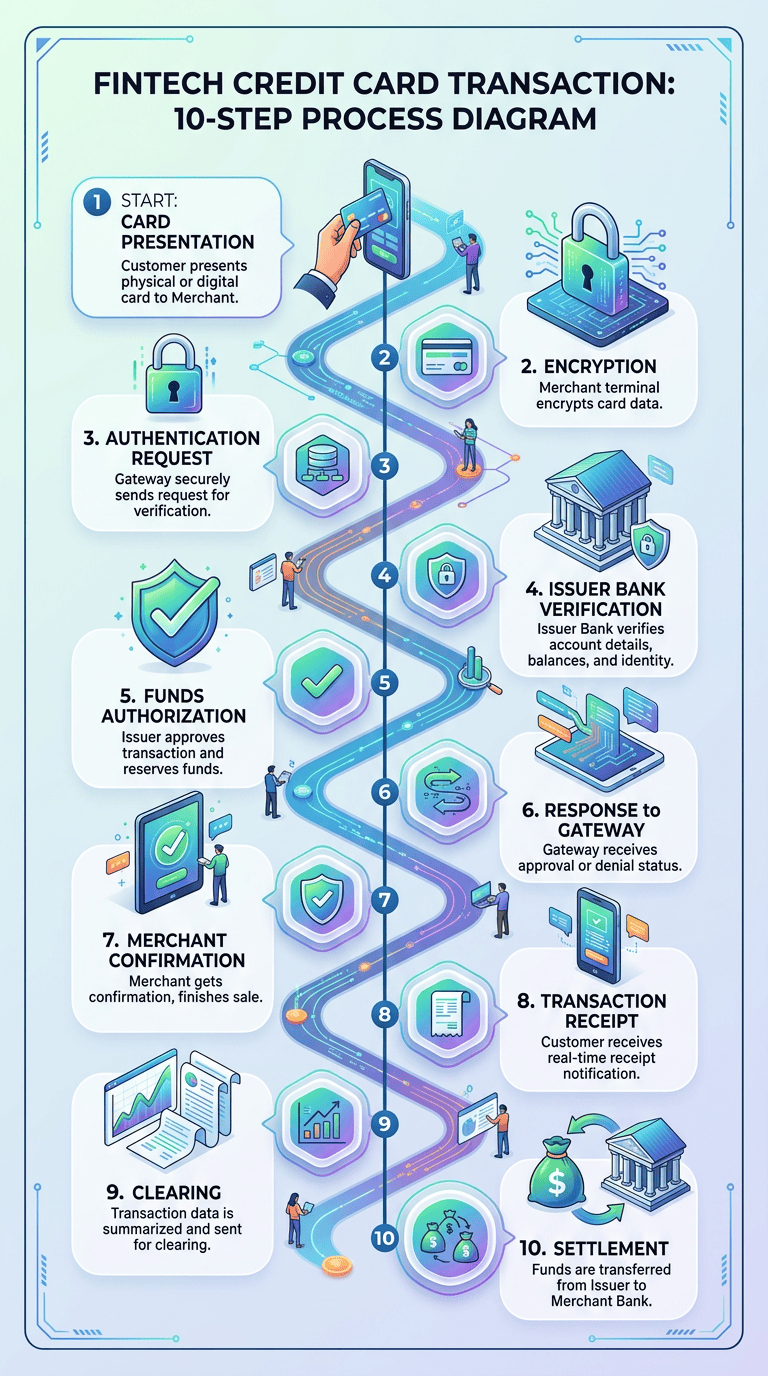 Flowchart of 10-step fintech credit card transaction process detailing each step from card presentation through encryption, verification, authorization, confirmation, receipt, clearing, and settlement.
