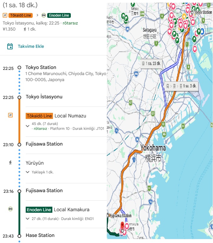 Tokyo ve Fujisawa arasında seyahat bilgilerini gösteren bir tren güzergahı haritası.